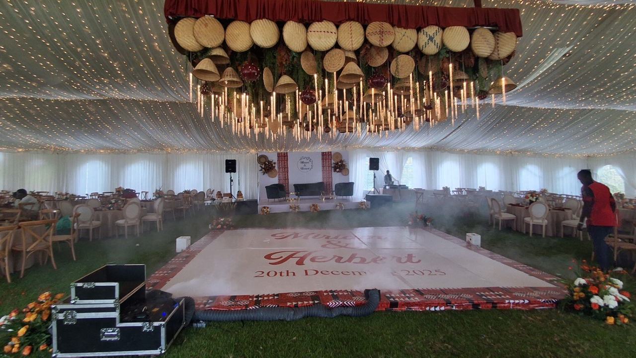 Beautifully styled wedding reception with warm lighting