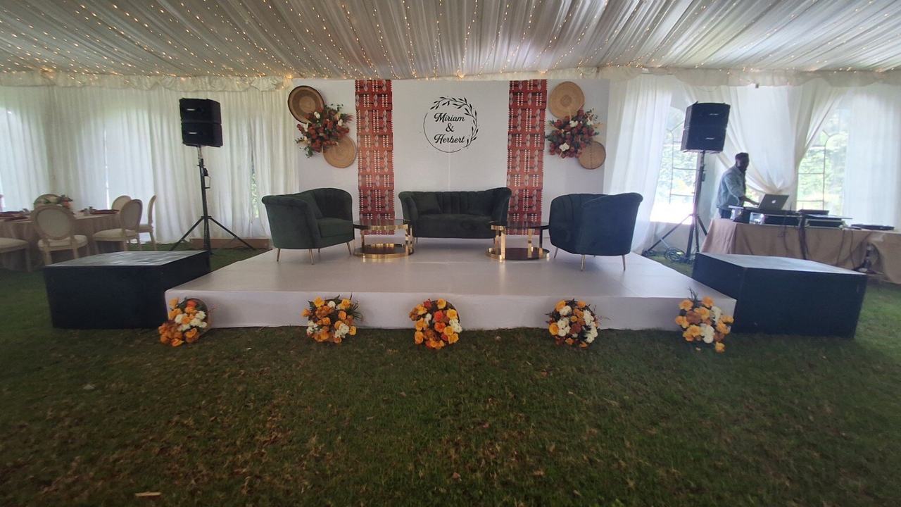 Luxury lounge stage with floral wedding backdrop