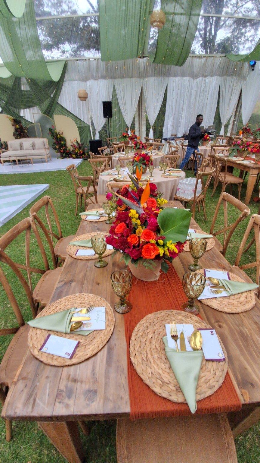 Colourful garden event table with floral centrepiece